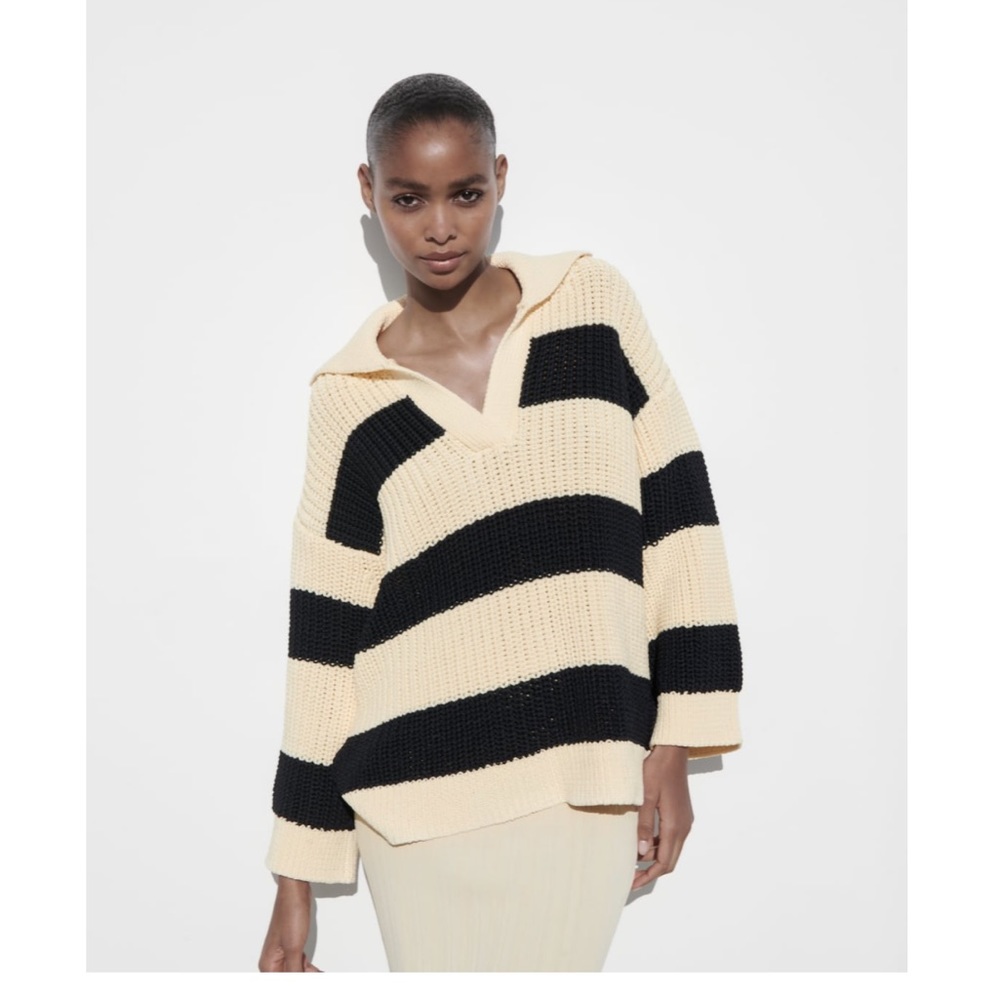 Zara Cream and Black Striped Knit Sweater